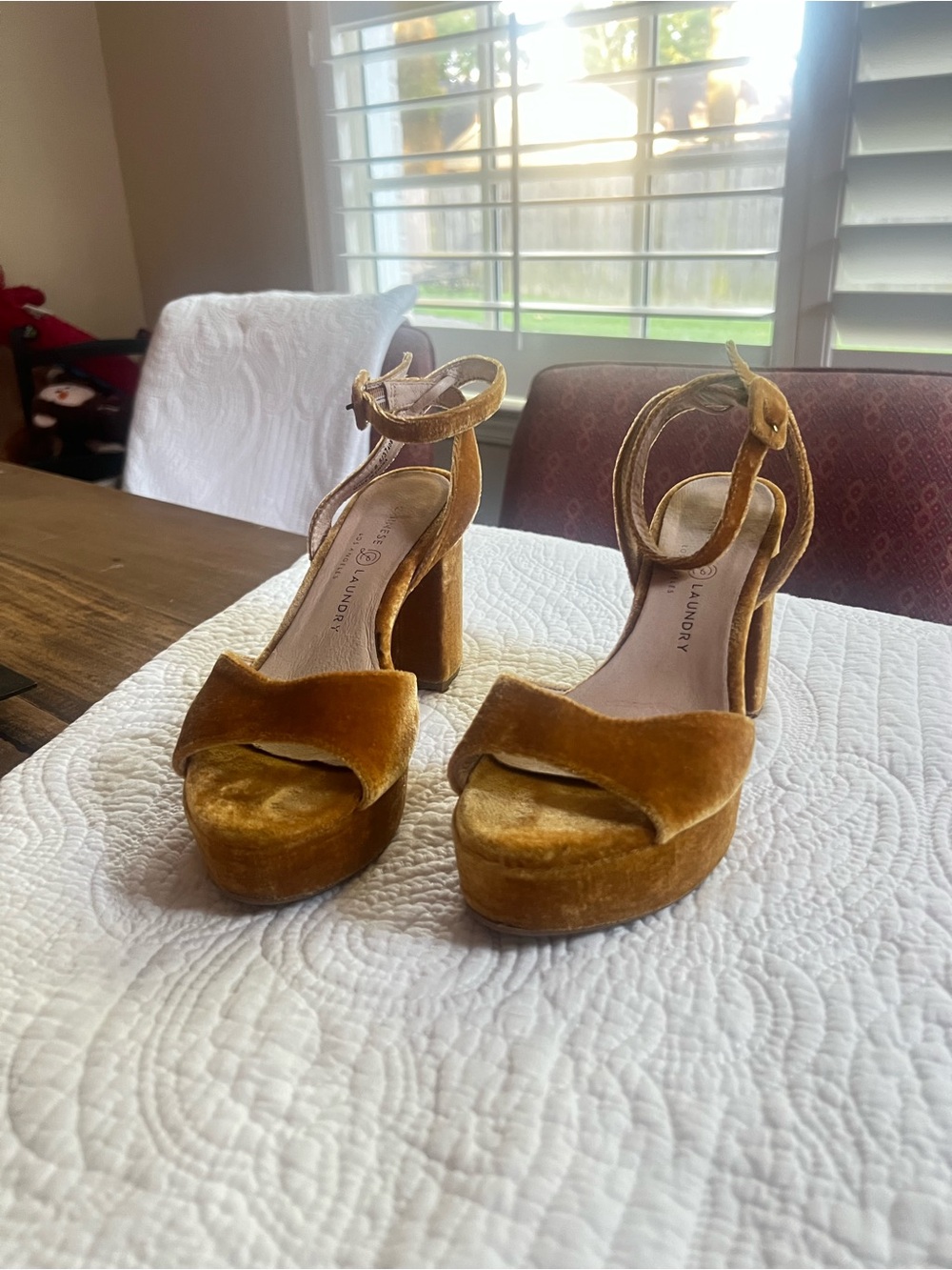 Chinese Laundry Golden Mustard Velvet Platform Heels